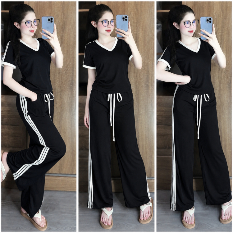 Đồ Bộ Nữ Bigsize ESHOP MS909 Áo Cổ Tim Cổ V Tay Lửng Phối Quần Ống Suông Cạp Cao Thun Gân 45-80kg