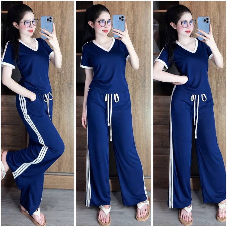 Đồ Bộ Nữ Bigsize ESHOP MS909 Áo Cổ Tim Cổ V Tay Lửng Phối Quần Ống Suông Cạp Cao Thun Gân 45-80kg