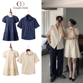 Set Đồ Đôi Nam Nữ Couple Váy Babydoll Cổ Sen Xếp Tầng & Áo Sơ Mi Ngắn Tay Đi Chơi Đi Du Lịch 88006