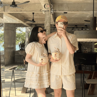 Set Đồ Đôi Nam Nữ Couple Váy Babydoll Cổ Sen Xếp Tầng & Áo Sơ Mi Ngắn Tay Đi Chơi Đi Du Lịch 88006