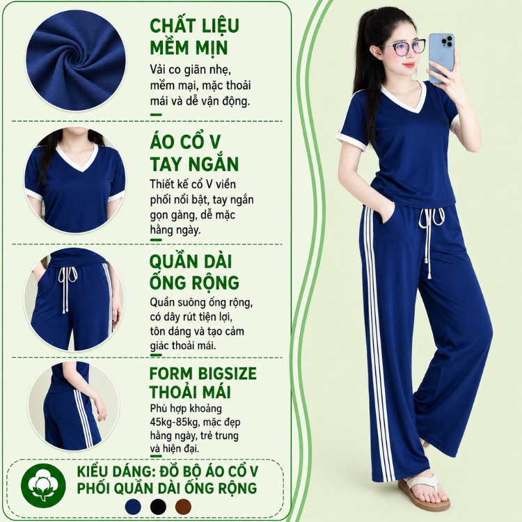 Đồ Bộ Nữ Bigsize ESHOP MS909 Áo Cổ Tim Cổ V Tay Lửng Phối Quần Ống Suông Cạp Cao Thun Gân 45-80kg