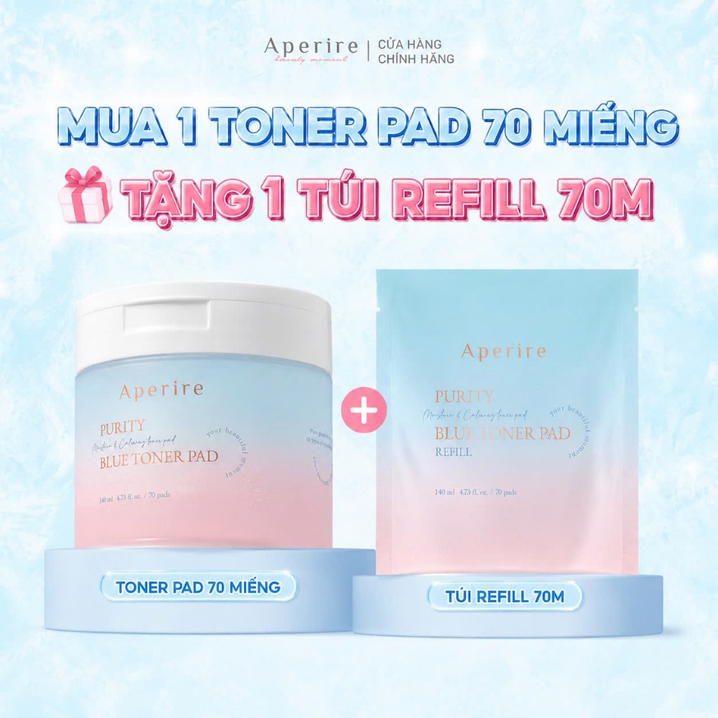 Toner Pad Tinh Khiết Cấp Ẩm Dịu Da Tức Thì Aperire Purity Blue Moisture and Calming Toner Pad 140ml/70