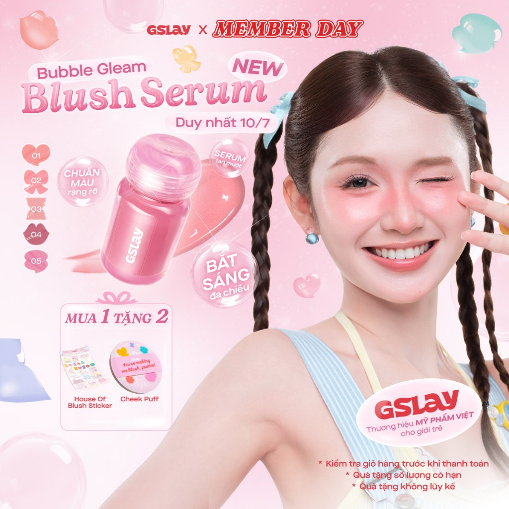 Má hồng kem dạng lỏng GSLAY Bubble Gleam Blush Serum căng bóng bắt sáng, mỏng nhẹ, lâu trôi thuần chay (4.5ml)