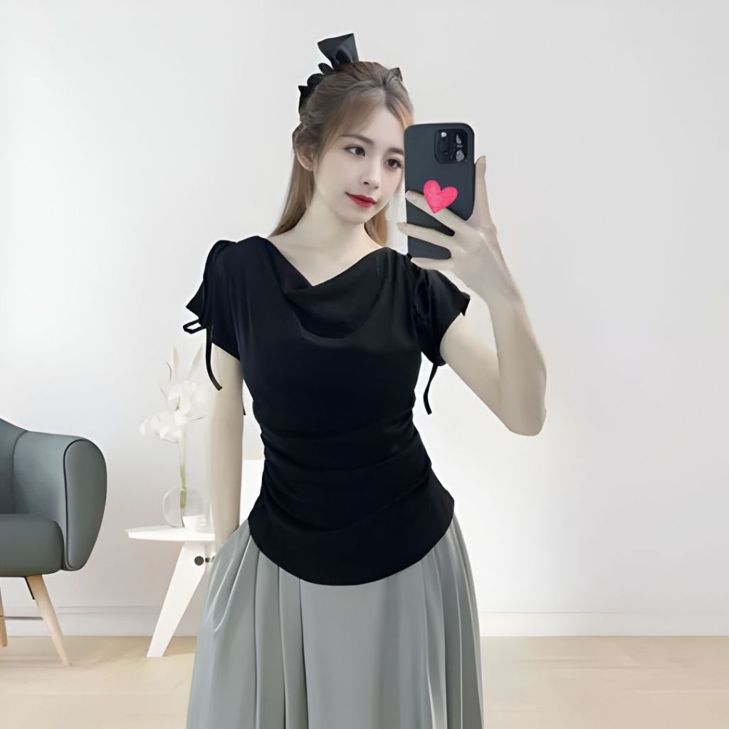 Áo Thun Nữ Rút Dây Vai Cổ Đổ MS573 ESHOP – Thun Tăm Co Giãn, Ôm Dáng Tôn Body Big Size 45kg-85kg