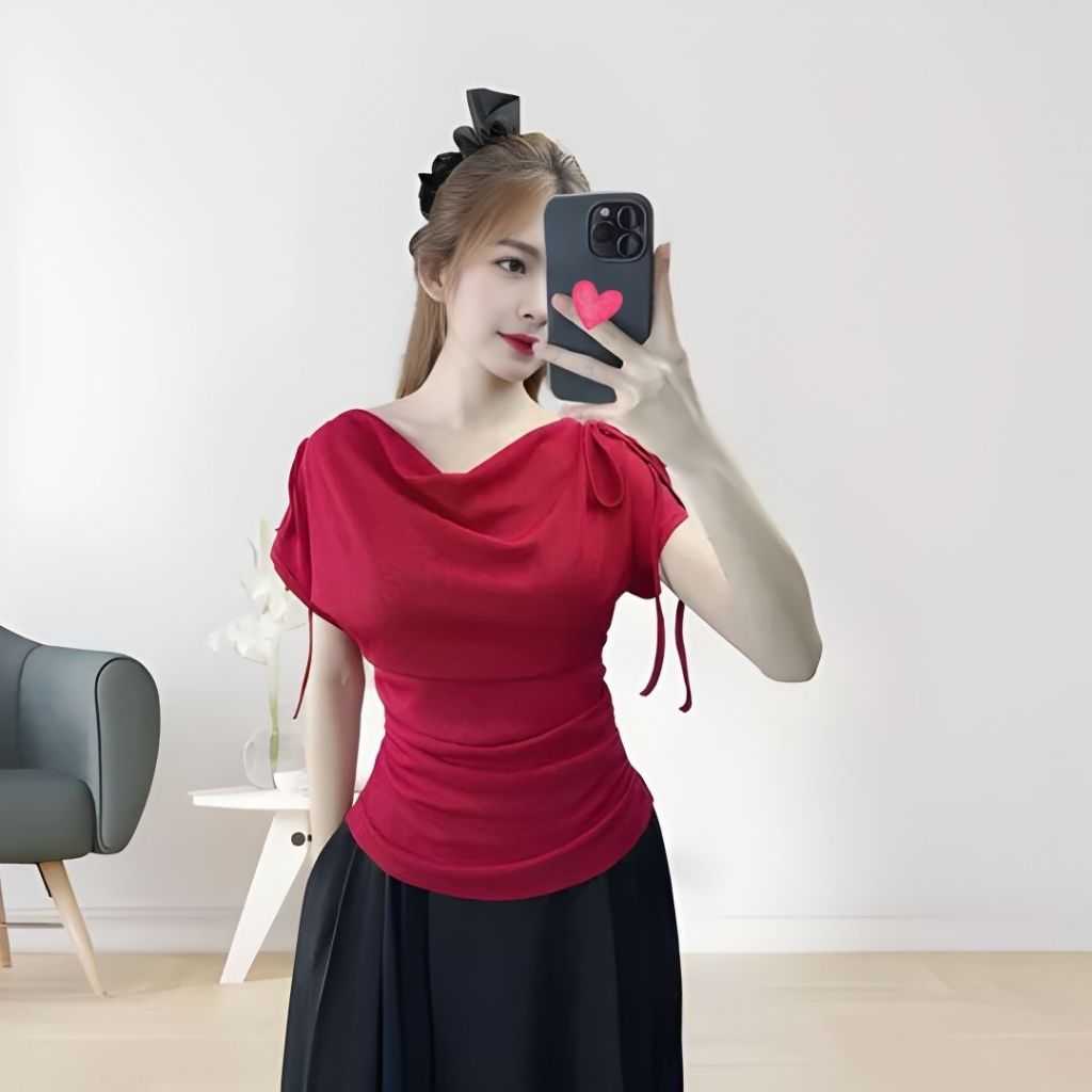 Áo Thun Nữ Rút Dây Vai Cổ Đổ MS573 ESHOP – Thun Tăm Co Giãn, Ôm Dáng Tôn Body Big Size 45kg-85kg