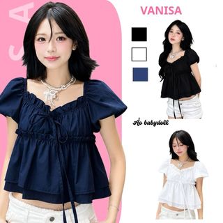Áo kiểu nữ voan cổ vuông tay bồng dáng ngắn trắng mềm mát VANISA CT431