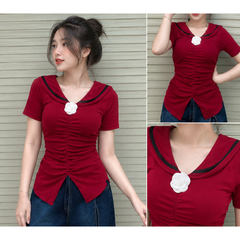 Áo Thun Nữ Bigsize Cổ V Cài Hoa ESHOP Áo Kiểu Nữ Ôm Nhún Trước Áo Phong Thời Trang Ao Tay Ngắn MS237