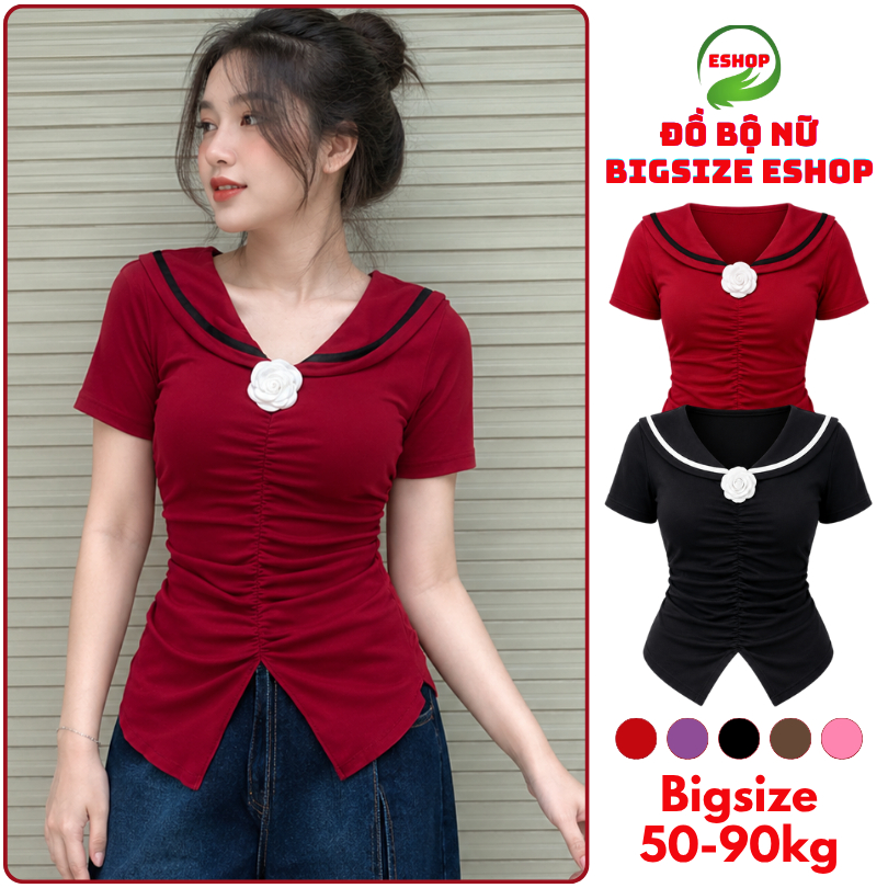Áo Thun Nữ Bigsize Cổ V Cài Hoa ESHOP Áo Kiểu Nữ Ôm Nhún Trước Áo Phong Thời Trang Ao Tay Ngắn MS237