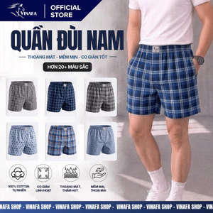 Quần đùi nam có túi mặc nhà VINAFA, quần đùi nam mặc nhà chất liệu Kate kẻ dệt QD25