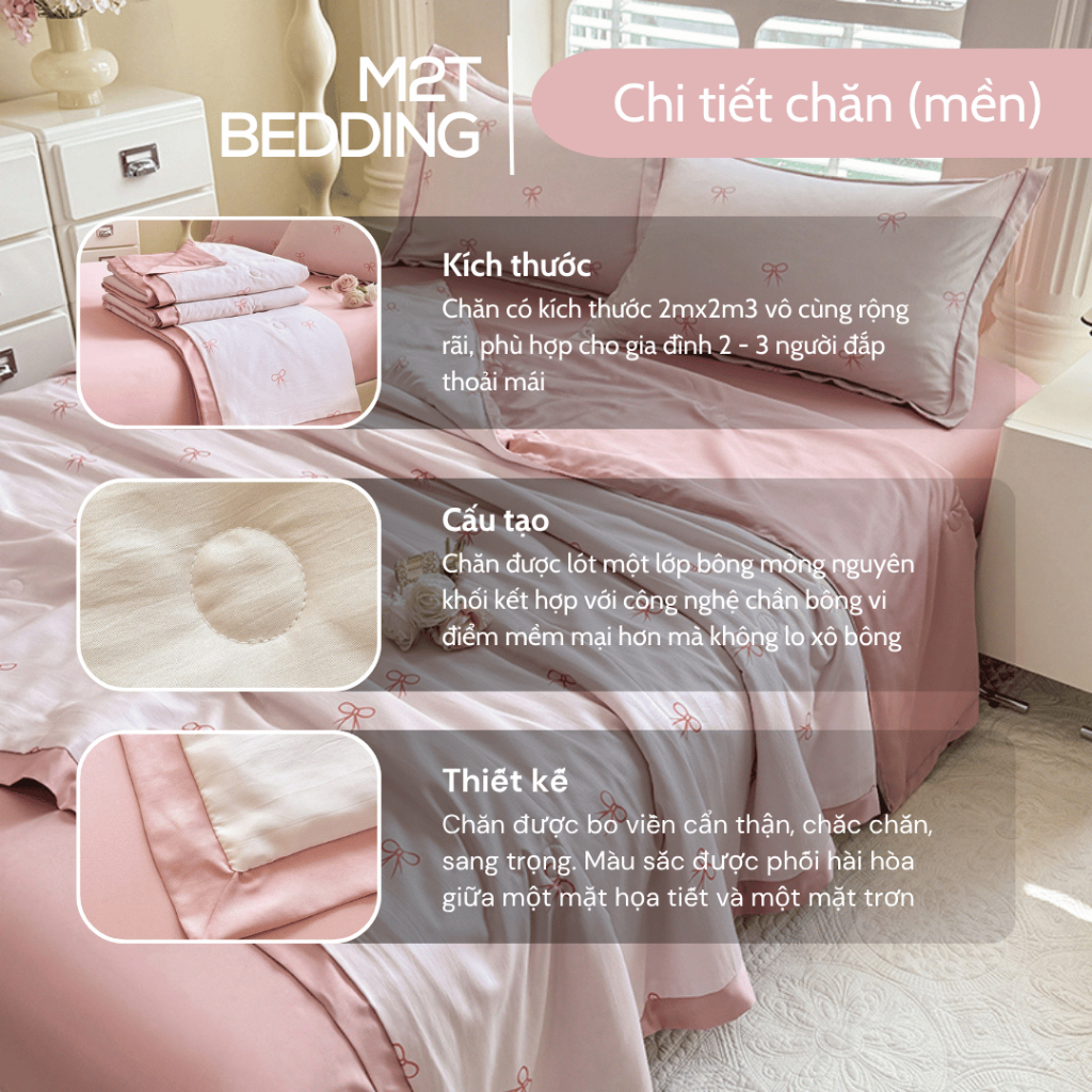 Bộ chăn ga gối Lụa Thái M2T bedding mềm, mịn, mát - gồm chăn hè chần bông, ga giường và 2 vỏ gối nằm