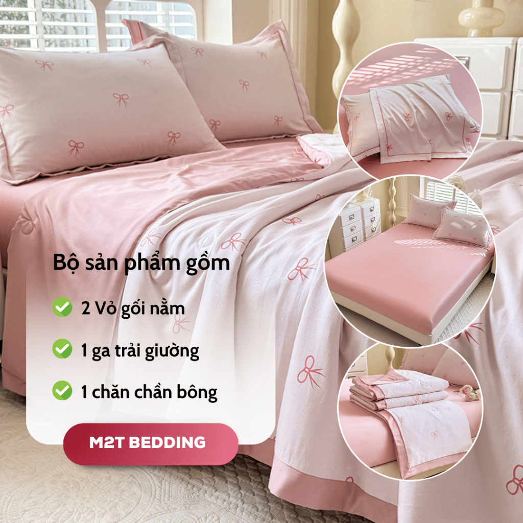 Bộ chăn ga gối Lụa Thái M2T bedding mềm, mịn, mát - gồm chăn hè chần bông, ga giường và 2 vỏ gối nằm