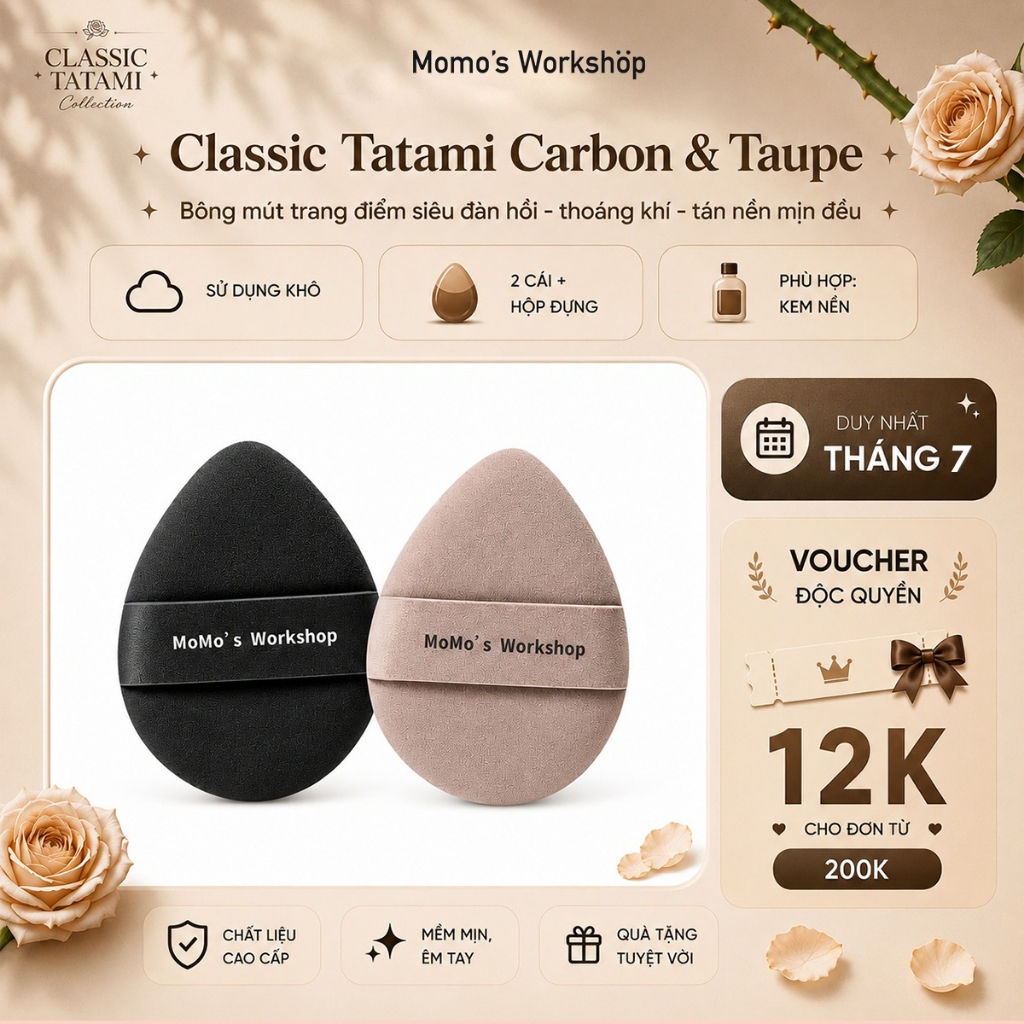 Bông Mút Trang Điểm Nền Siêm Mềm Mịn Momo's Workshop Classic Tatami Carbon & Taupe Dry Use (2pcs)