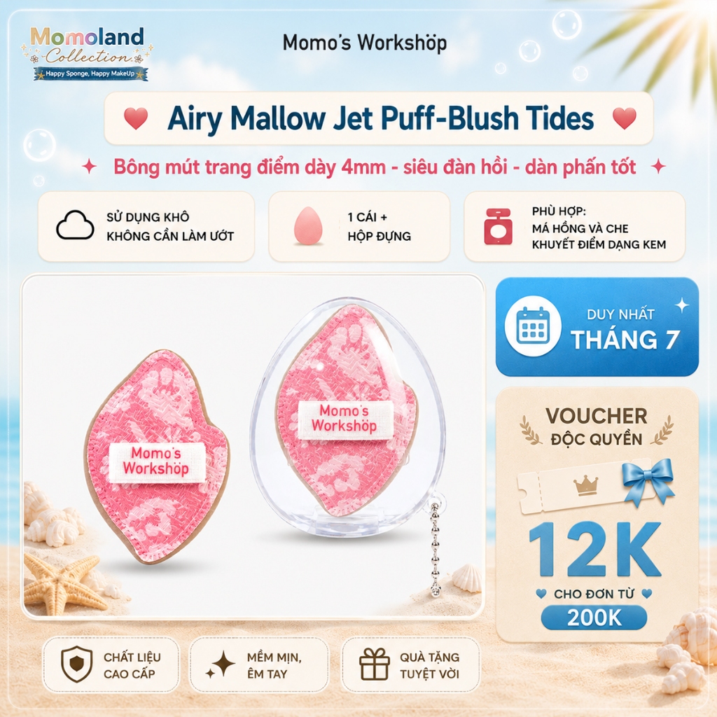 Bông Mút Tán Má Hồng - Che Khuyết Điểm Ốc Hồng Momo's Workshop Momoland Airy Mallow Jet Puff-Blush Tides Dry Use (1pcs)