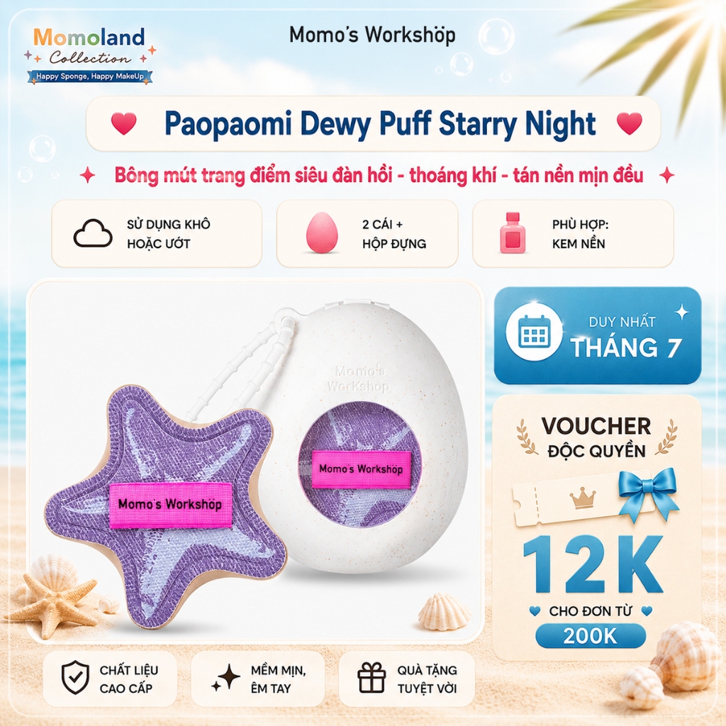 Bông Mút Trang Điểm Sao Biển Đa Năng Momo's Workshop Paopaomi Dewy Puff Starry Night - 2pcs