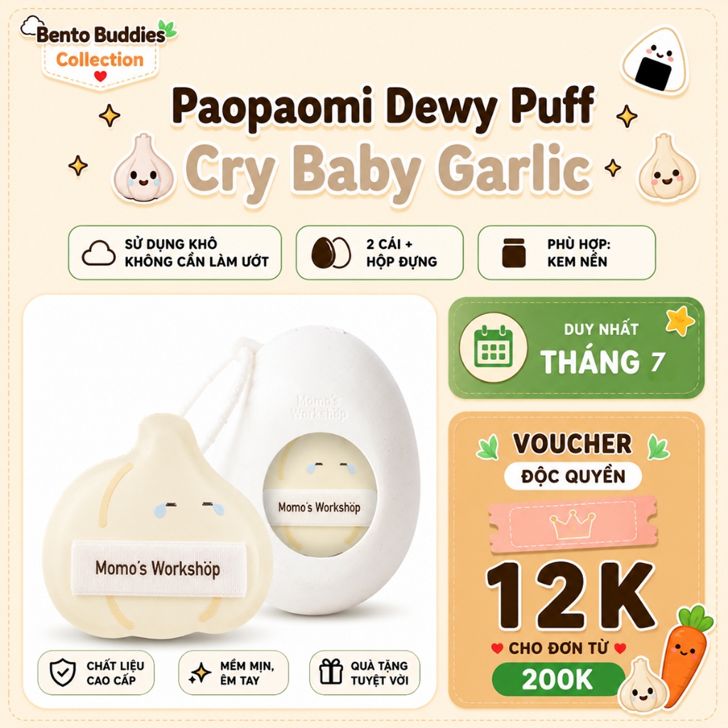 Bông Mút Tán Nền Hình Củ Tỏi Cao Cấp Momo's Workshop Bento Buddies Paopaomi Dewy Puff Cry Baby Garlic (2pcs)