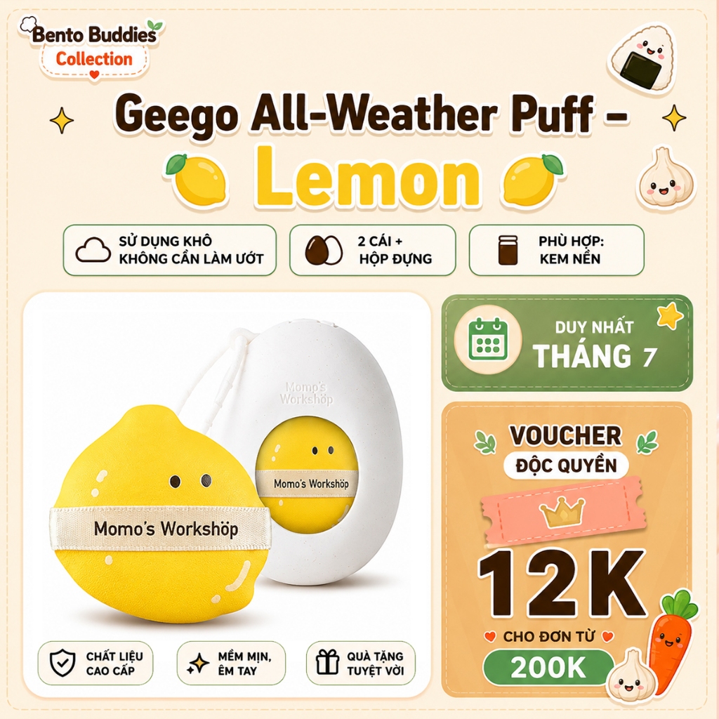 Bông Mút Tán Nền Thiết Kế Quả Siêu Mềm Mại Momo's Workshop Bento Buddies Geego All-Weather Puff - Lemon (2pcs)