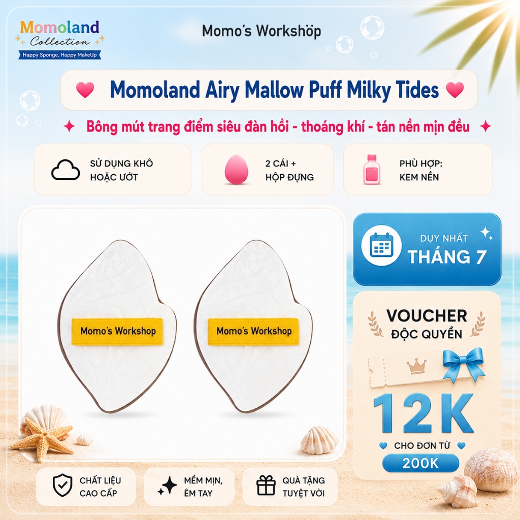 Bông Mút Tán Nền Ốc Bạch Vũ Momo's Workshop Momoland Airy Mallow Puff Milky Tides - 2pcs