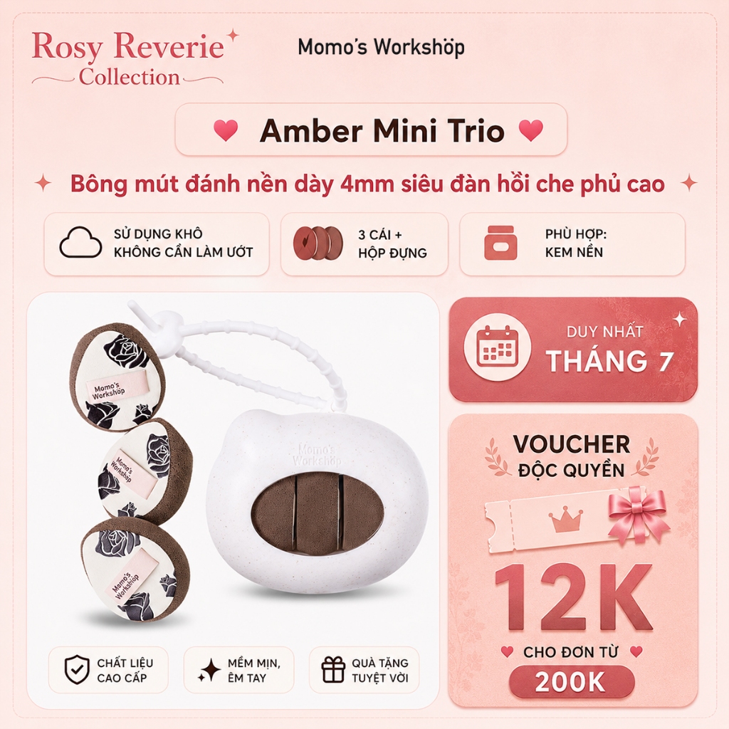 Bộ 3 Bông Mút Má Hồng - Che Khuyết Điểm Cao Cấp Momo's Workshop Rosy Reverie Amber Mini Trio- Dry Use (3pcs)