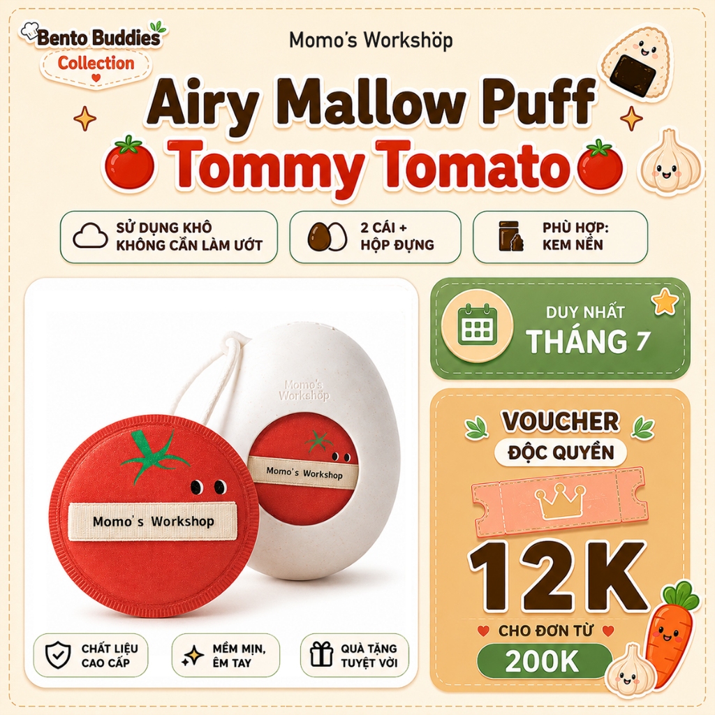 Bông Mút Tán Nền Thiết Kế Cà Chua Momo's Workshop Bento Buddies Airy Mallow Puff - Tommy Tomato (Dry Use) (2pcs)