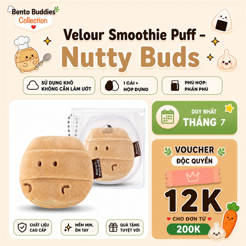 Bông Phấn Kiềm Dầu, Cố Định Lớp Trang Điểm Momo's Workshop Bento Buddies Velour Smoothie Puff - Nutty Buds 1pcs