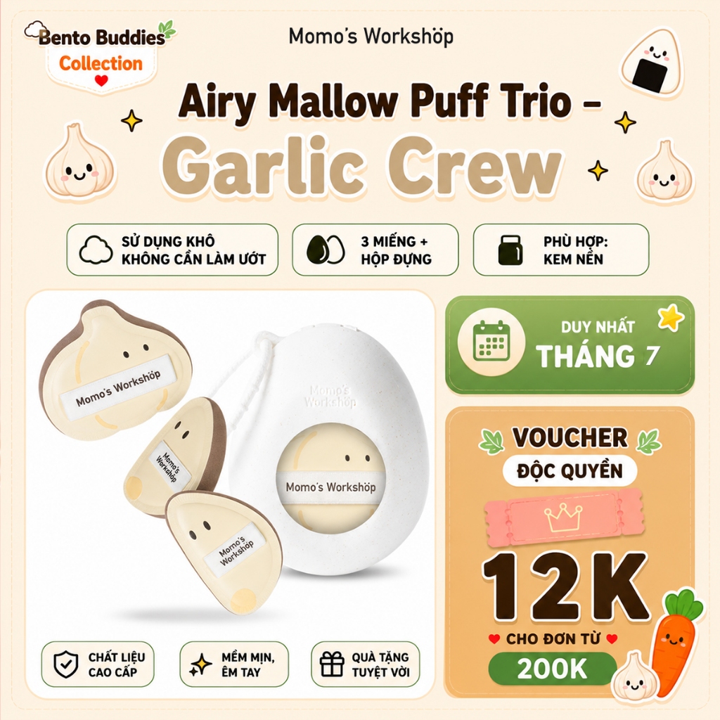 Bông Mút Trang Điểm Củ Tỏi Momo's Workshop Bento Buddies Airy Mallow Puff Trio - Garlic Crew Dry Use (3pcs)