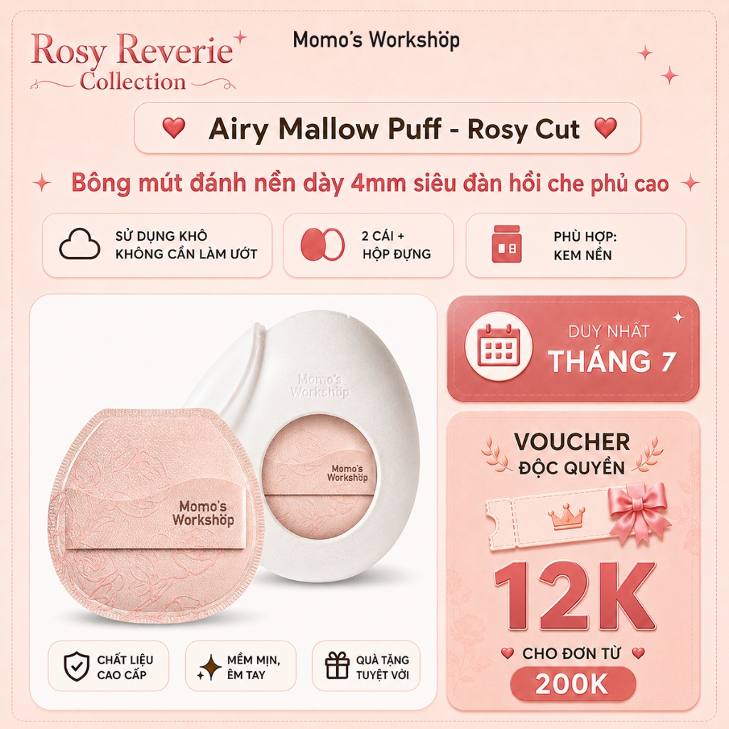Bông Mút Tán Nền Siêu Mềm Dày 4mm Momo's Workshop Rosy Reverie Airy Mallow Puff - Rosy Cut Dry Use (2pcs)