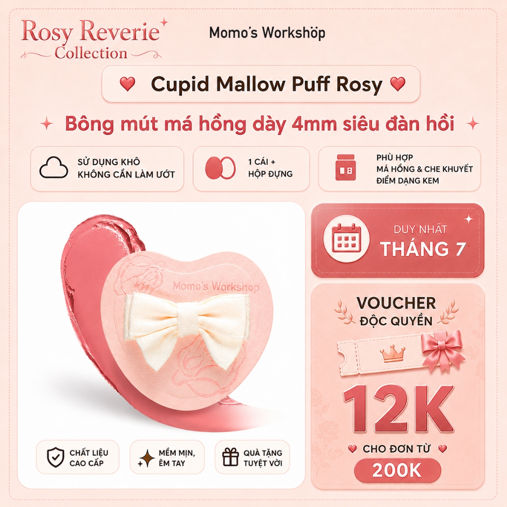 Bông Mút Trang Điểm Má Hồng Cao Cấp Momo's Workshop Rosy Reverie Cupid Mallow Puff Rosy -Dry Use 1pcs