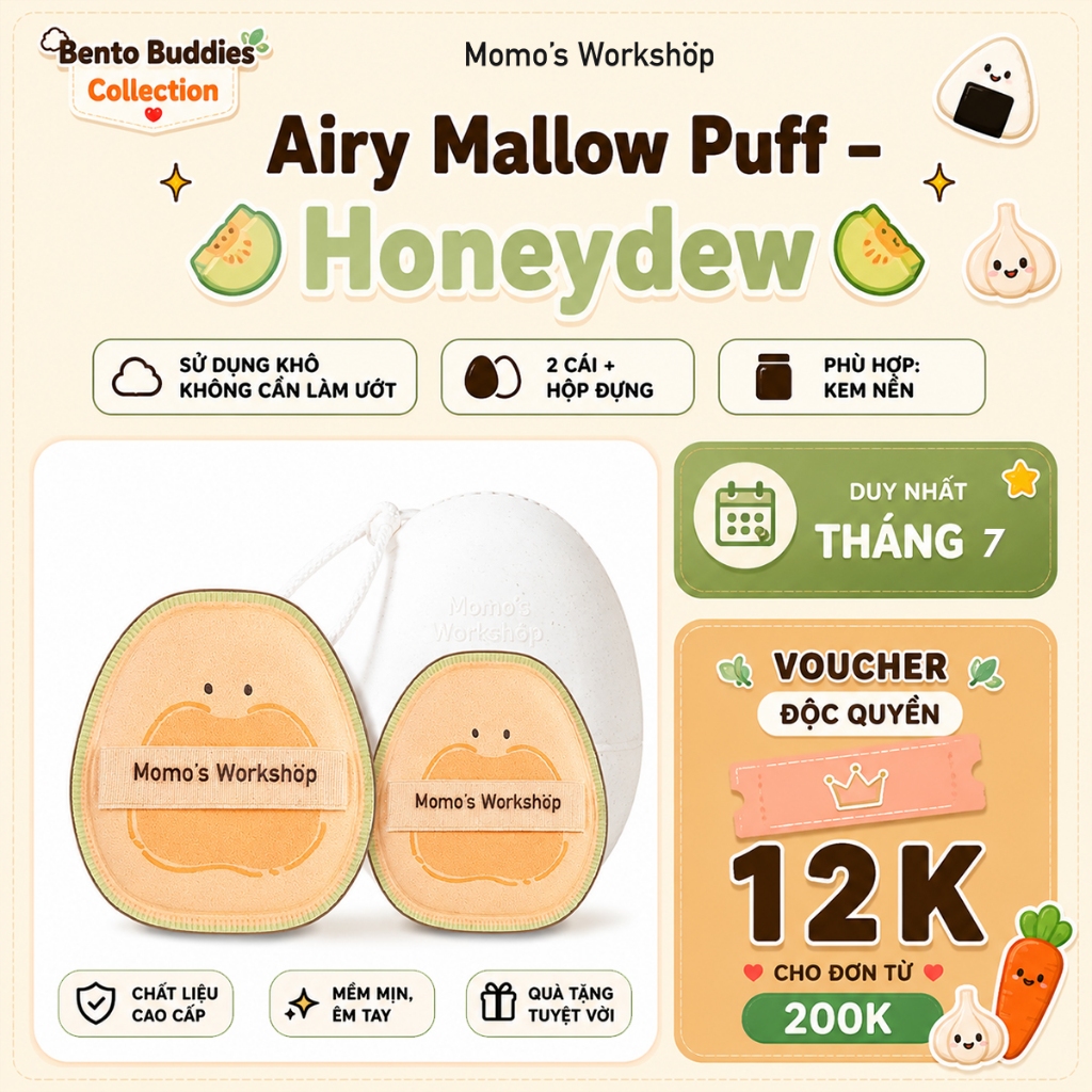 Bông Mút Tán Nền 4mm Siêu Mềm Momo's Workshop Bento Buddies Airy Mallow Puff – Honeydew Dry Use (2pcs)