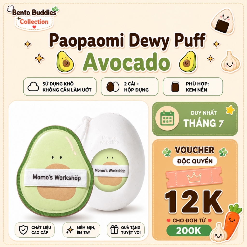 Bông Mút Trang Điểm Hình Quả Bơ Momo's Workshop Bento Buddies Paopaomi Dewy Puff Avocado (2pcs)