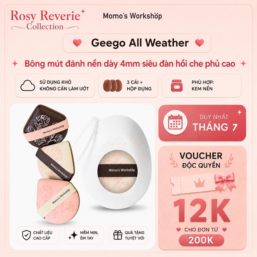 Bộ 3 Bông Mút Trang Điểm Nền - Má Hồng - Che Khuyết Điểm Cao Cấp Momo's Workshop Rosy Reverie Geego All Weather (3PCS)