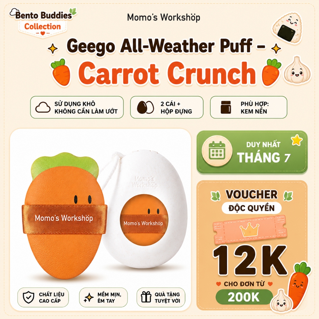 Bông Mút Tán Nền Cà Rốt Xinh Xắn Momo's Workshop Bento Buddies Geego All-Weather Puff - Carrot Crunch (2pcs)
