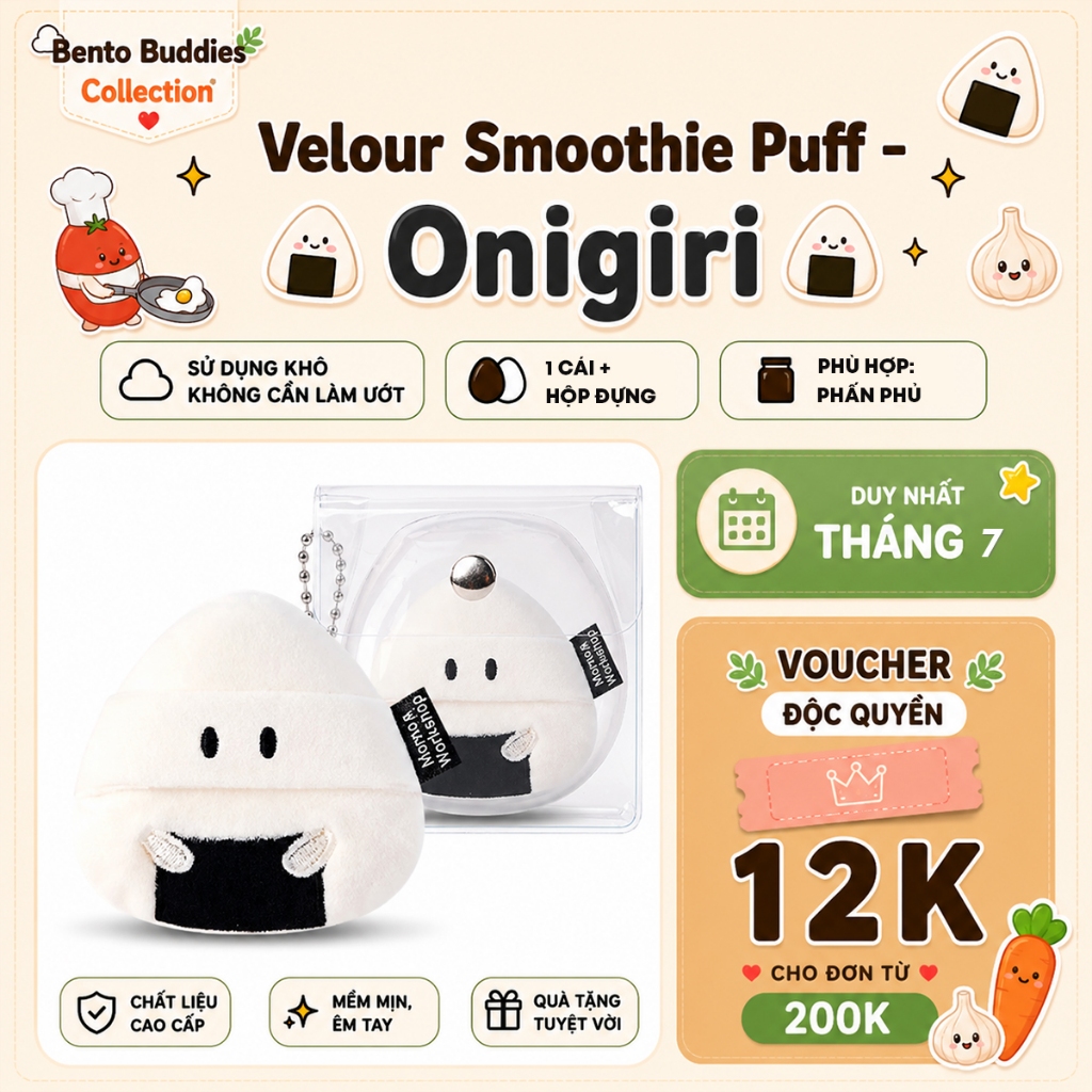 Bông Phấn Phủ Cao Cấp Mềm Mịn, Kiềm Dầu, Cố Định Nền Momo's Workshop Bento Buddies Velour Smoothie Puff - Onigiri 1pcs