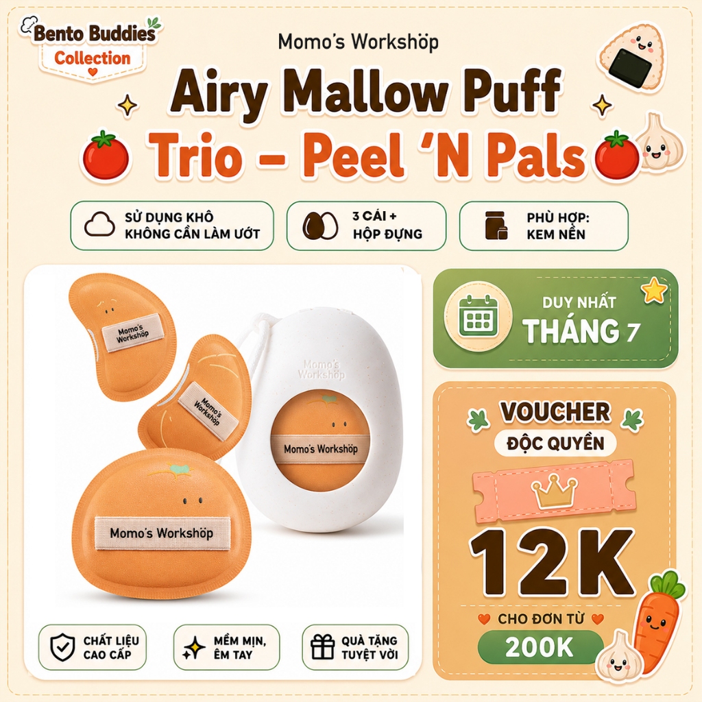 Set 3 Bông Mút Trang Điểm Cao Cấp Momo's Workshop Bento Buddies Airy Mallow Puff Trio – Peel 'N Pals Dry Use (3pcs)