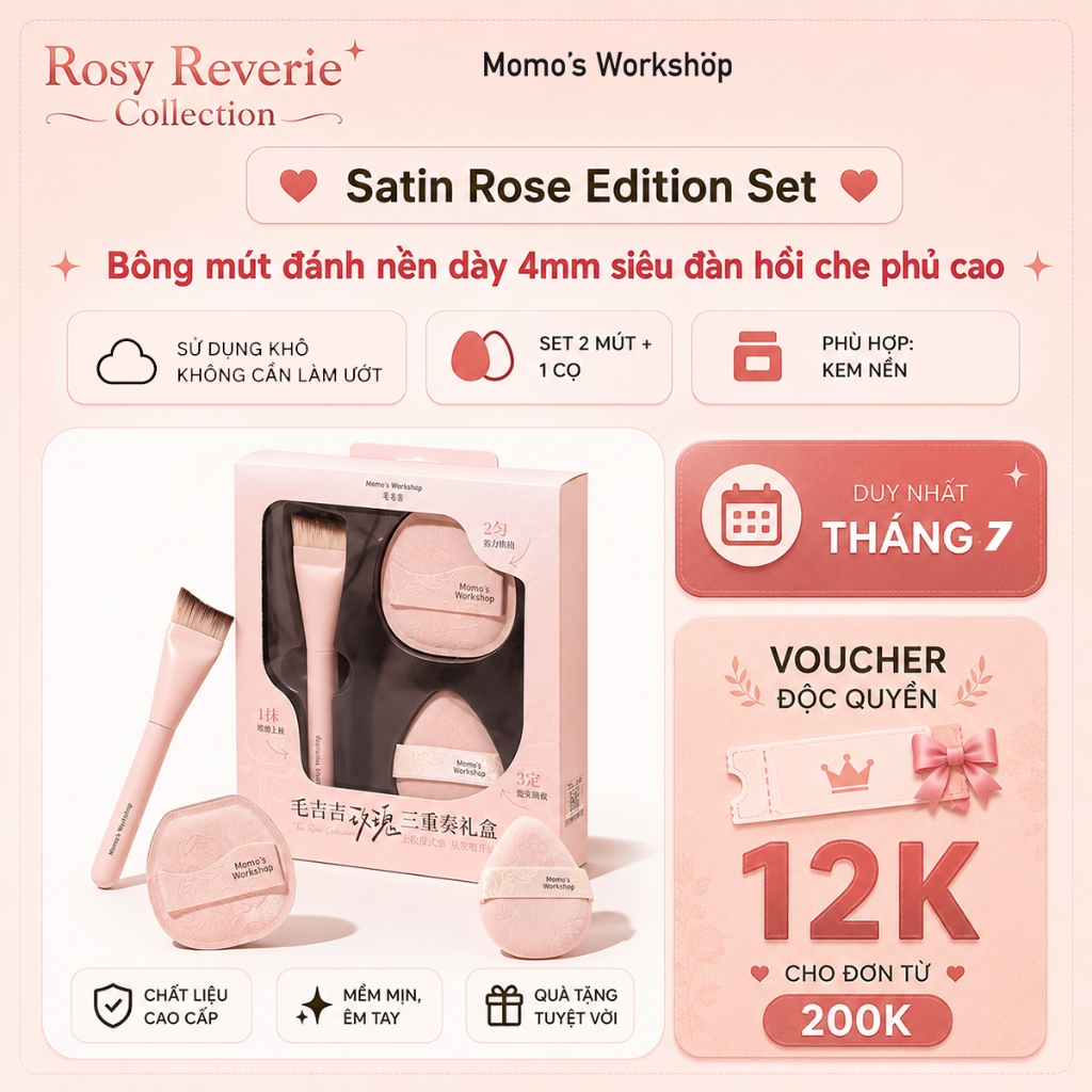 Bộ Cọ & Bông Mút Trang Điểm Cao Cấp Momo's Workshop Rosy Reverie Trio Set - Satin Rose Edition (3pcs)