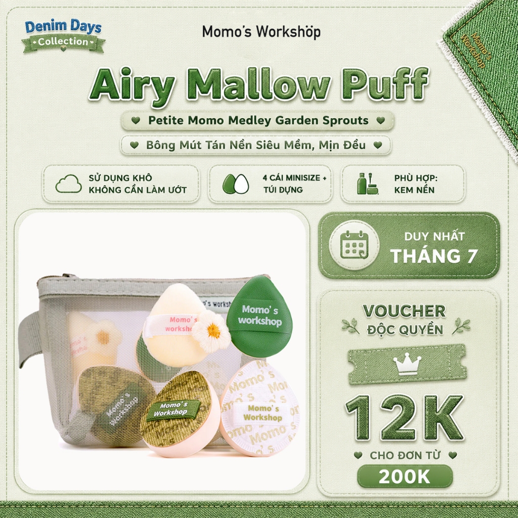 Set Minisize Bông Mút Trang Điểm Cao Cấp Dùng Khô Momo's Workshop Denim Days Petite Momo Medley Garden Sprouts (4pcs)