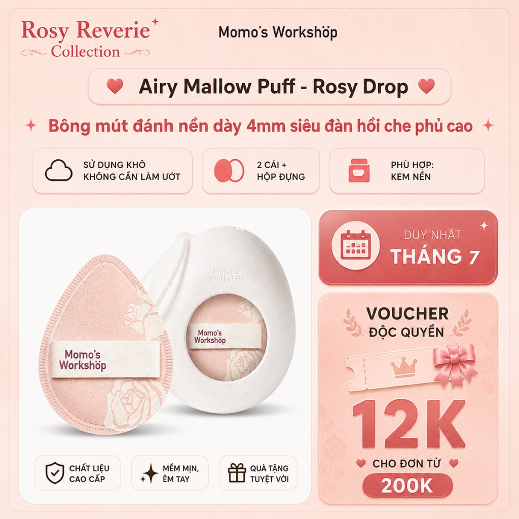 Bông Mút Trang Điểm Cao Cấp Momo's Workshop Rosy Reverie Airy Mallow Puff - Rosy Drop Dry Use (2pcs)