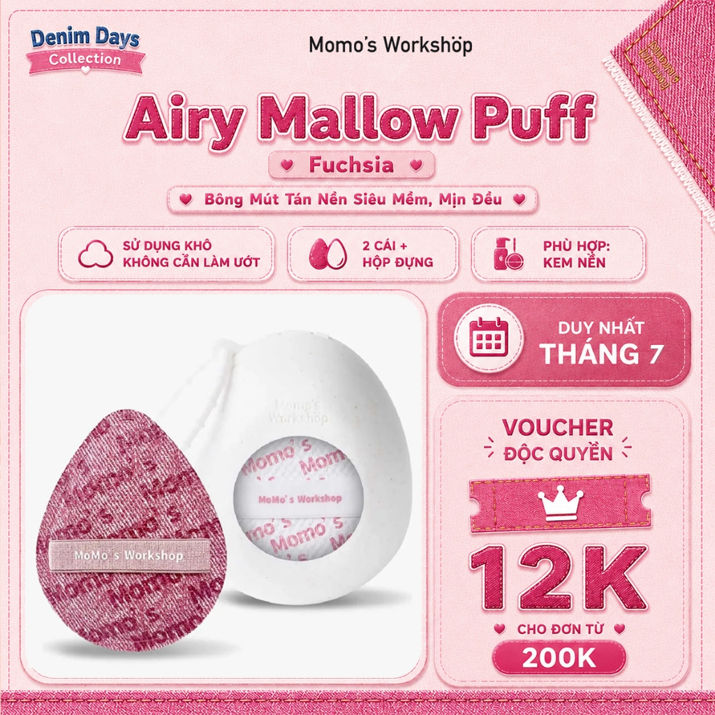 Bông Mút Trang Điểm Cao Cấp Dùng Khô Dày 4MM Momo's Workshop Denim Days Airy Mallow Puff Fuchsia Dry Use (2pcs)