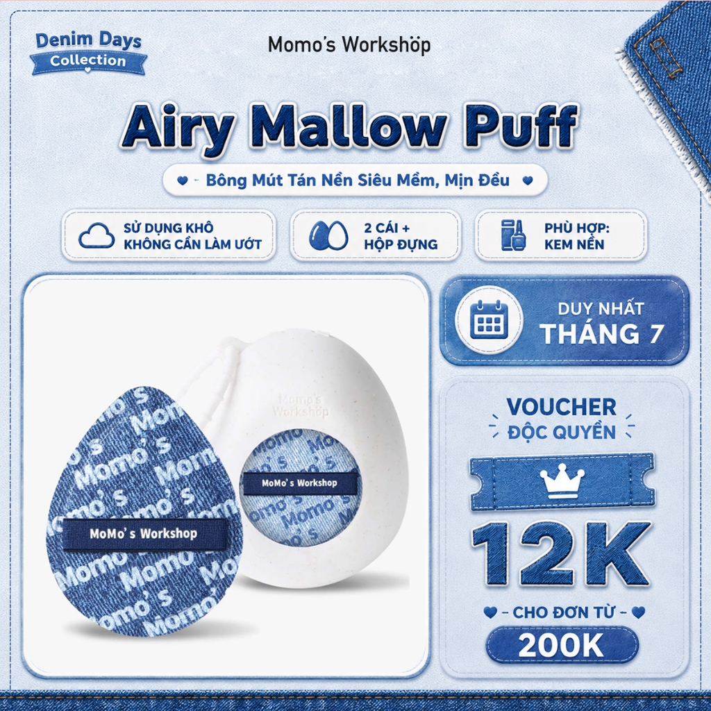 Bông Mút Trang Điểm Cao Cấp Dùng Khô Dày 4mm Momo's Workshop Denim Days Airy Mallow Puff Classy Classic Dry Use (2pcs)