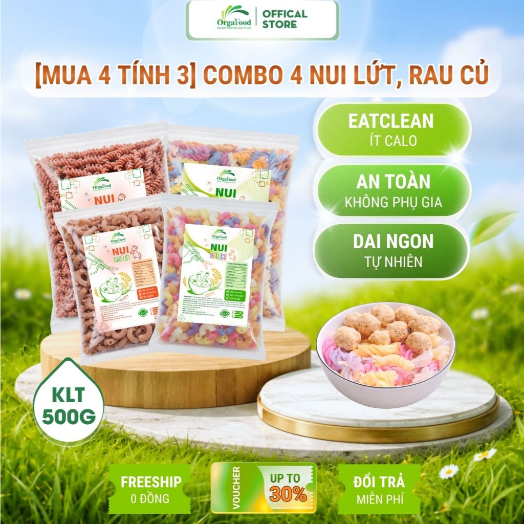 Combo 4 Túi Nui Gạo Lứt, Rau Củ Orgafood [MUA 4 TÍNH 3] Nui Lức Eatclean Healthy Thực Dưỡng Đủ Dáng, Không Phẩm Màu, Bé