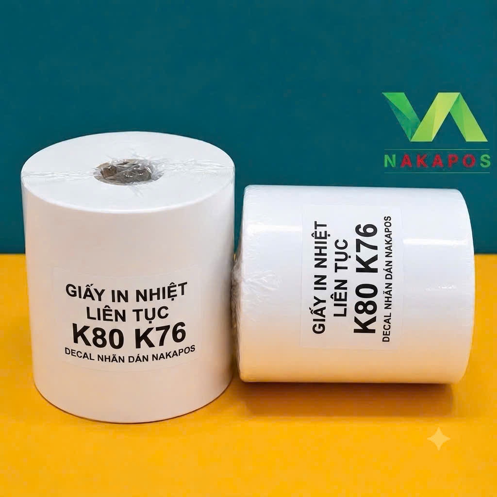 Decal nhiệt K76 DÁN ĐƯỢC giấy in nhiệt liên tục 76x30m in đơn hàng có lớp dán sẵn 76mm cho máy tự cắt K76x30 giấy nhiệt