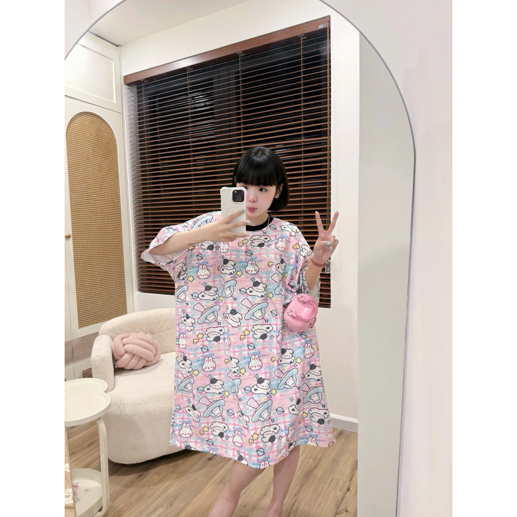 Đầm Ngắn Thun Rộng In Full Hai Mặt Họa Tiết Cotton Co Giãn Tốt Dễ Phối Đồ