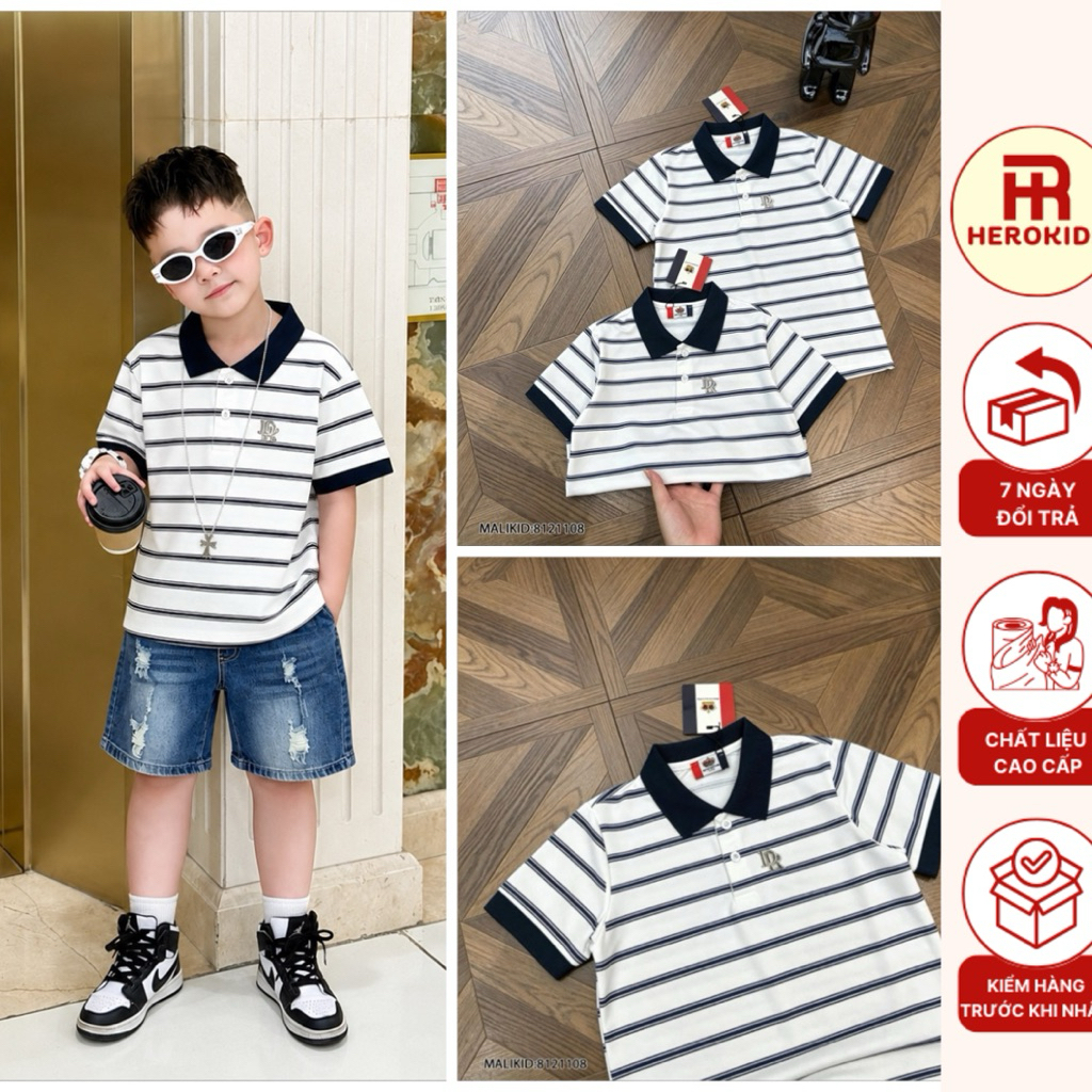 áo polo bé trai chất cotton gai in kẻ ngang mix tag ngực phối đồ siêu đẹp phong cách boy phố 8121