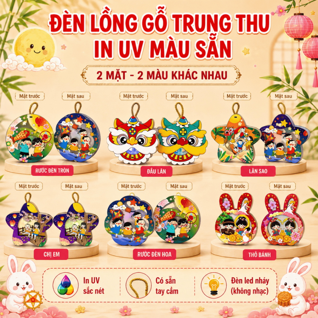 [IN MÀU SẴN] Đèn Lồng Gỗ Trung Thu Cho Bé In Màu Sắc Nét, Quà Tặng Ý Nghĩa Cho Bé - Đầy Đủ Phụ Kiện
