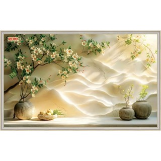 Tranh 3D dán tường, tranh hoa sen decor phòng khách chất liệu vải lụa khổ lớn, tặng keo dán LL