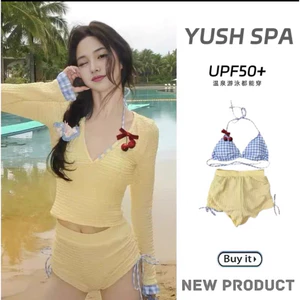 Bikini nữ 3 món tách rời họa tiết caro, phong cách辣妹甜美, đồ bơi tôn mông đào thon dáng, mặc đi biển