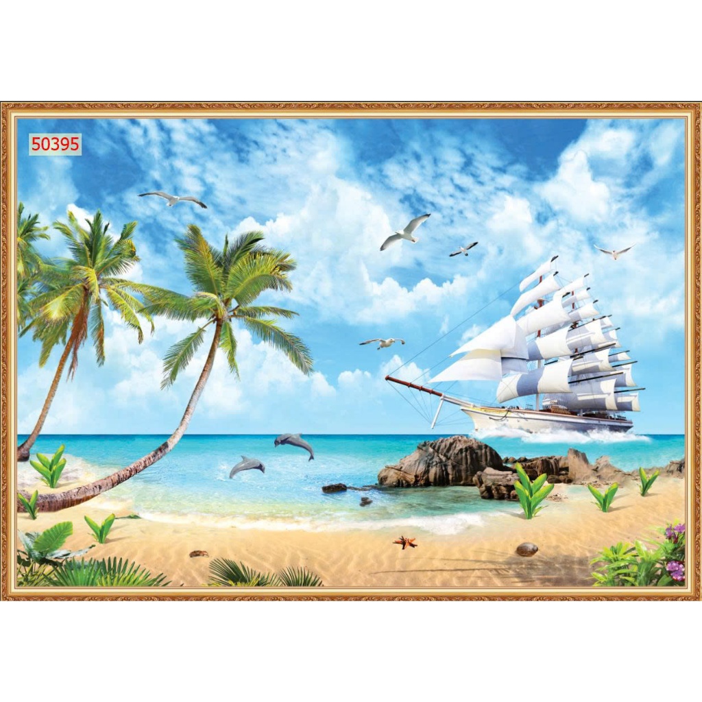 Tranh dán tường 3d vải lụa Thuận Buồm Xuôi Gió tranh phong thủy mang lại may mắn...