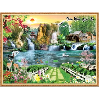 Tranh sơn thủy 3D thác nước phong cảnh rừng cây, tranh dán tường treo phòng khách phong thủy cao cấp
