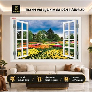 Tranh dán tường 3D khung cửa sổ thiên nhiên trong lành