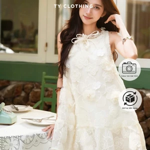 Váy BabyDoll phối Hoa 3D Tiểu Thư Sang Chảnh - Màu Be - Hàng Thiết Kế - TY CLOTHING