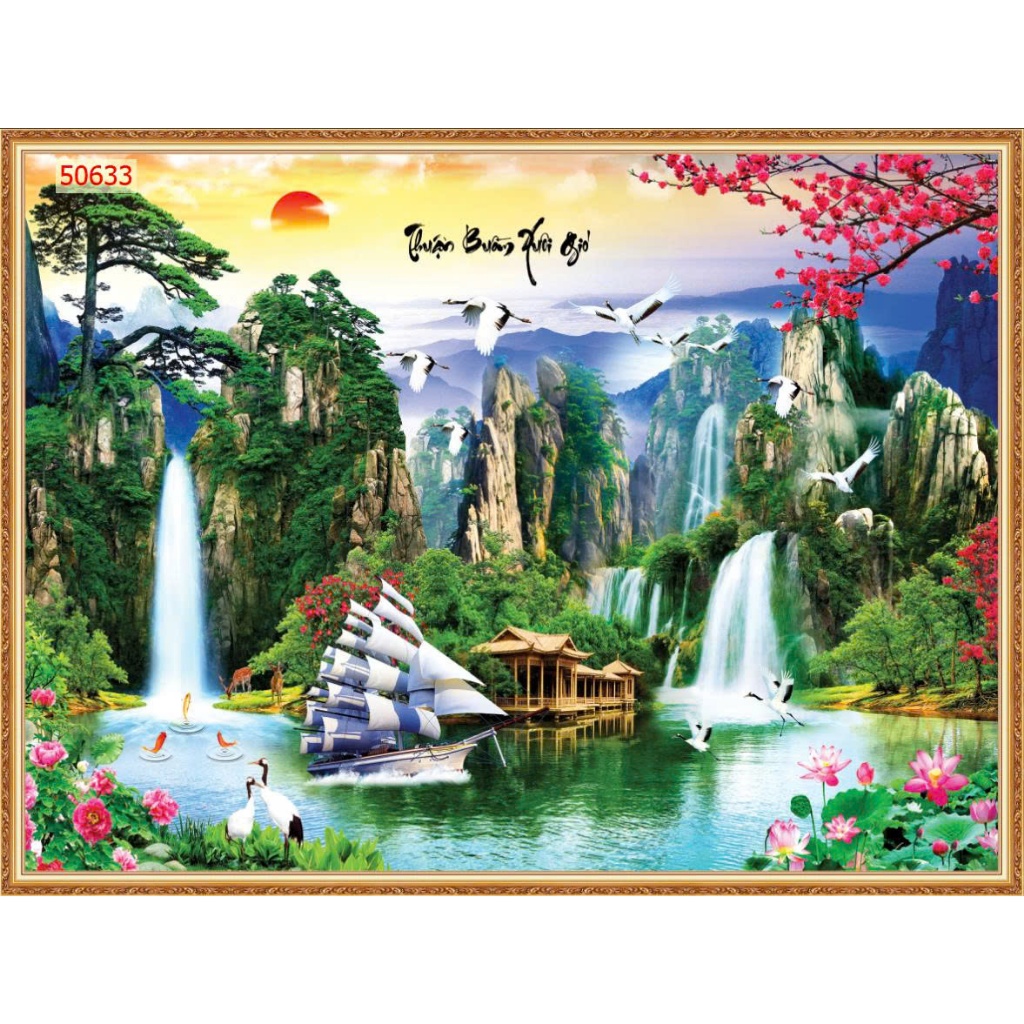Tranh dán tường 3d vải lụa Thuận Buồm Xuôi Gió tranh phong thủy mang lại may mắn...